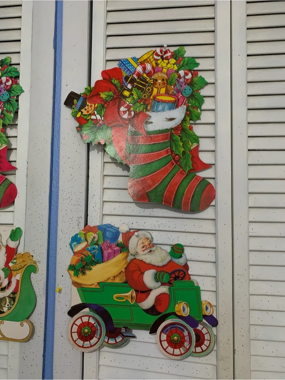 Lot 4 Vintage Die Cut Christmas Cardboard Wall Hanging Decorations Stockings